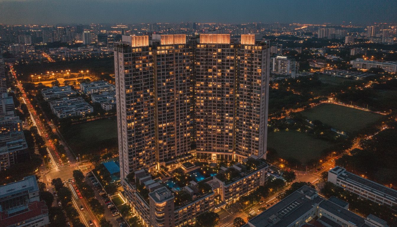 Aerial evening view of Skyline Residences and surrounding city district