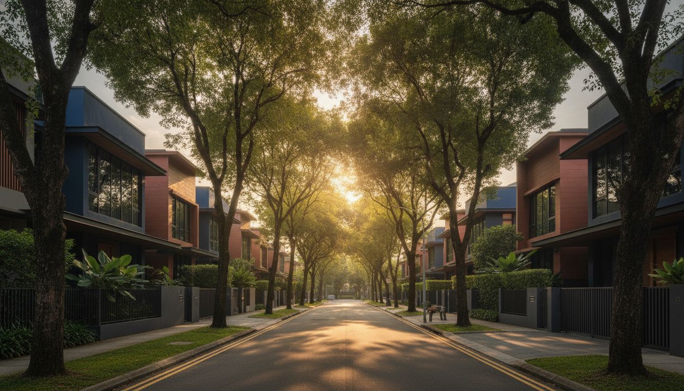 Editorial photograph of a Singapore landed homes street at golden hour