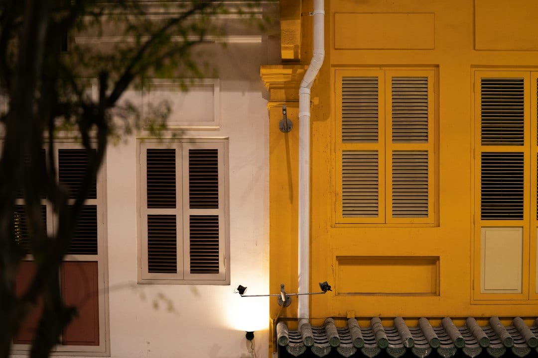 Modern landed house exterior at dusk