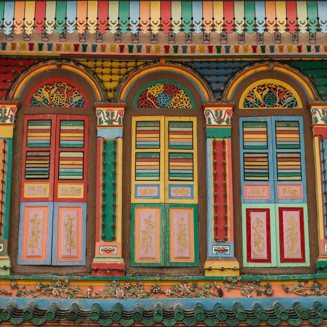 Architectural detail of a multicoloured Singapore shophouse