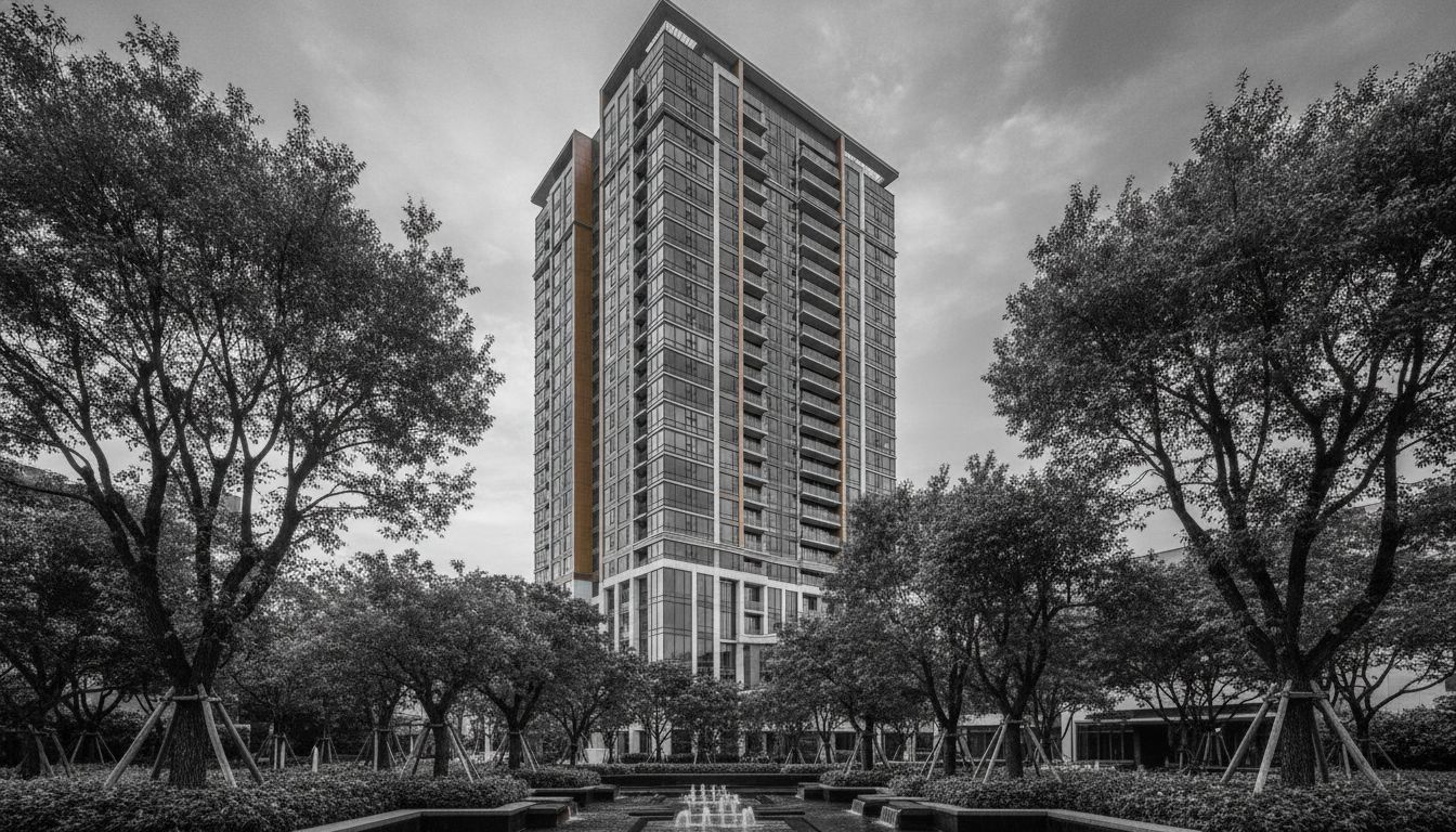 Skyline Residences luxury high-rise condominium exterior at golden hour