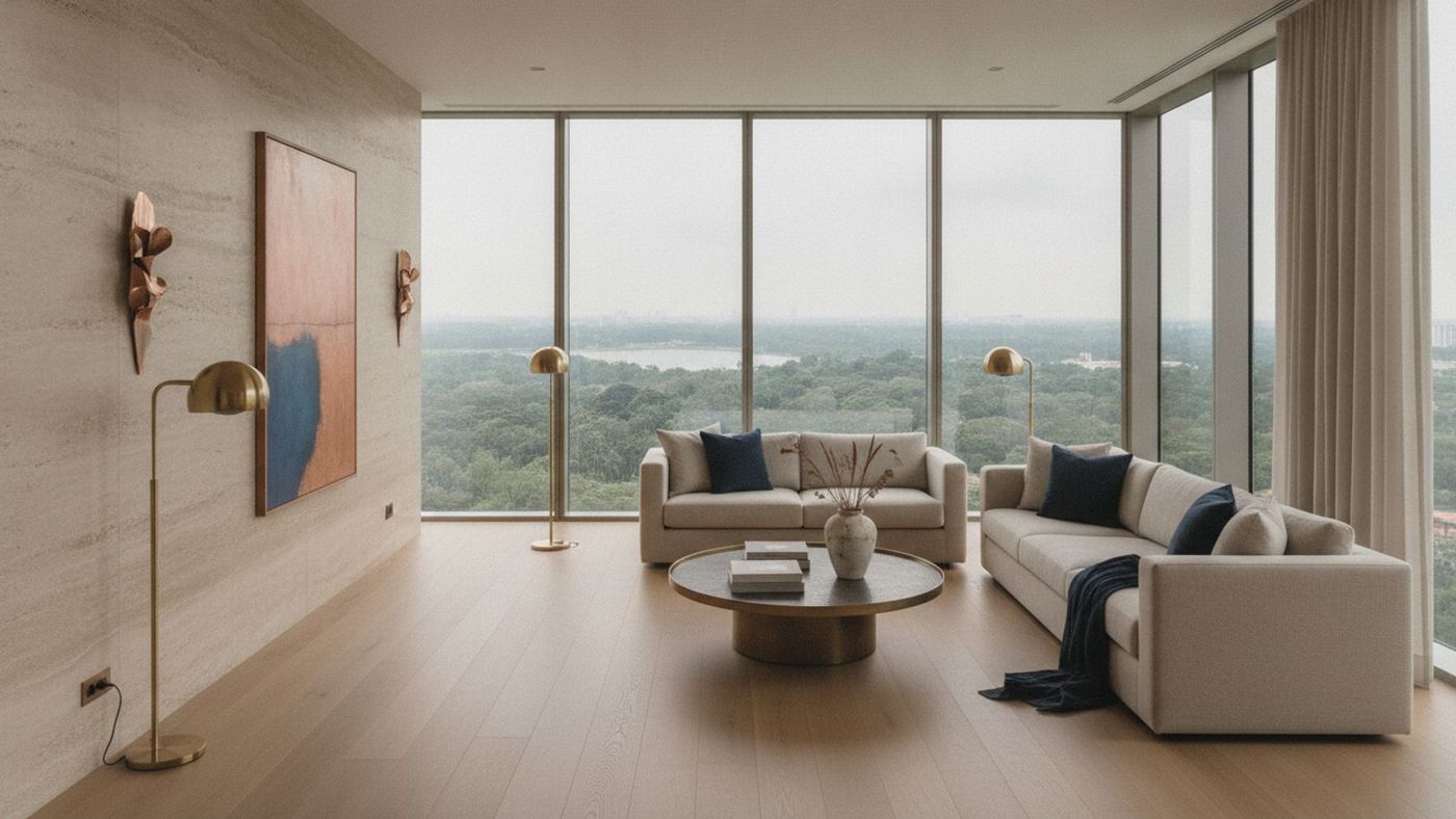Spacious living area with floor-to-ceiling windows overlooking greenery — artist's impression of a Thomson Reserve residence